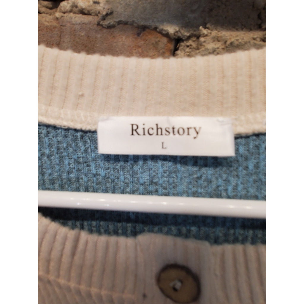 Richstory Womens Henley Knit Top L Blue Beige Colorblock Ribbed Short Sleeve