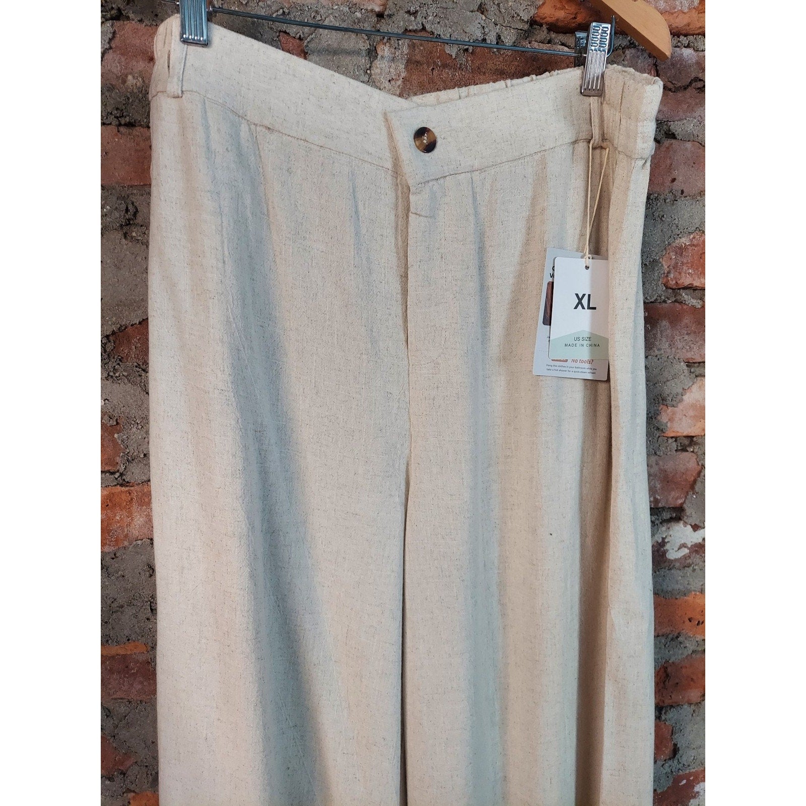 Fashion Womens Wide Leg Pants XL Cream Cotton Linen Blend Elastic Waist Casual