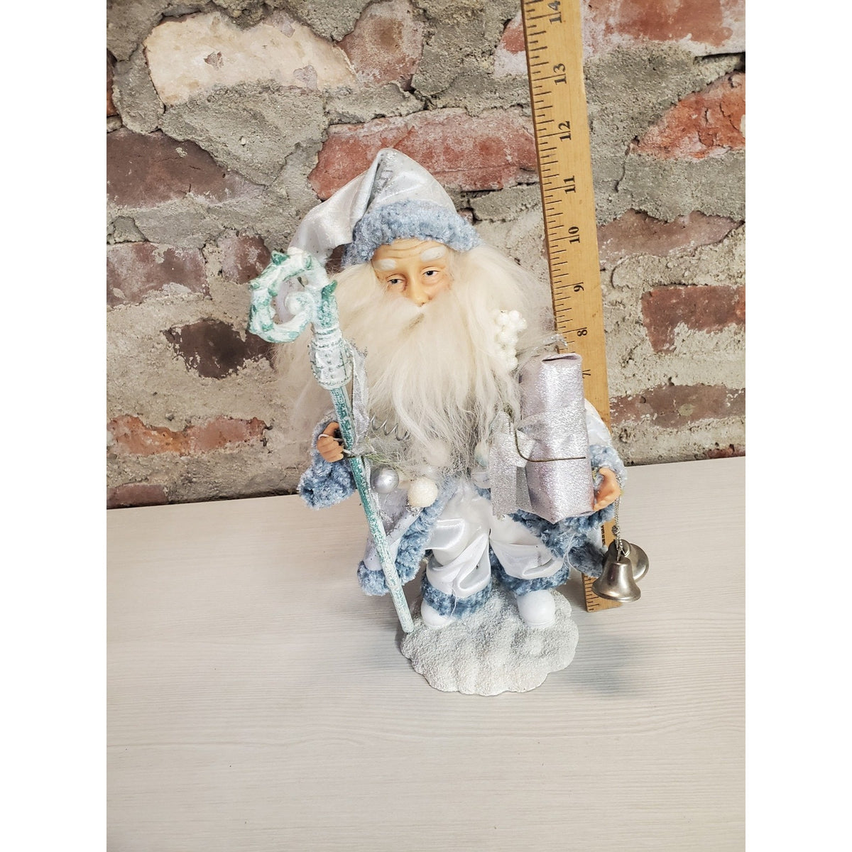 Santa Claus Figure Winter Christmas Silver Blue White Beard 13.5 Inch Holiday