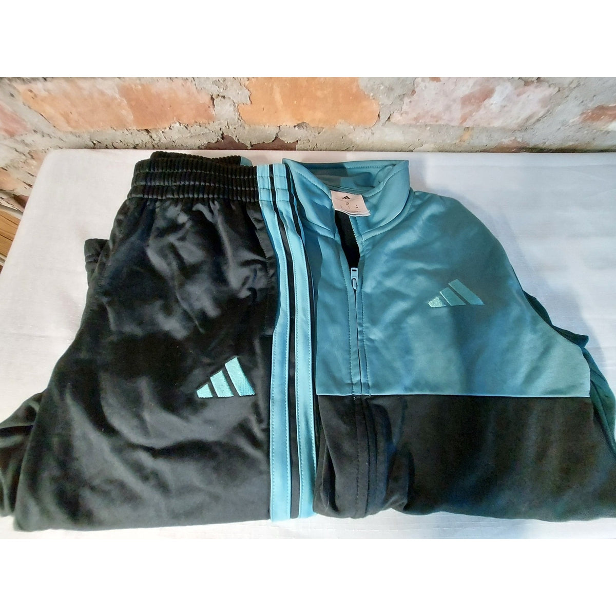 Adidas Unisex Boys Tracksuit Set S Small Teal Blue Black Full Zip Athletic