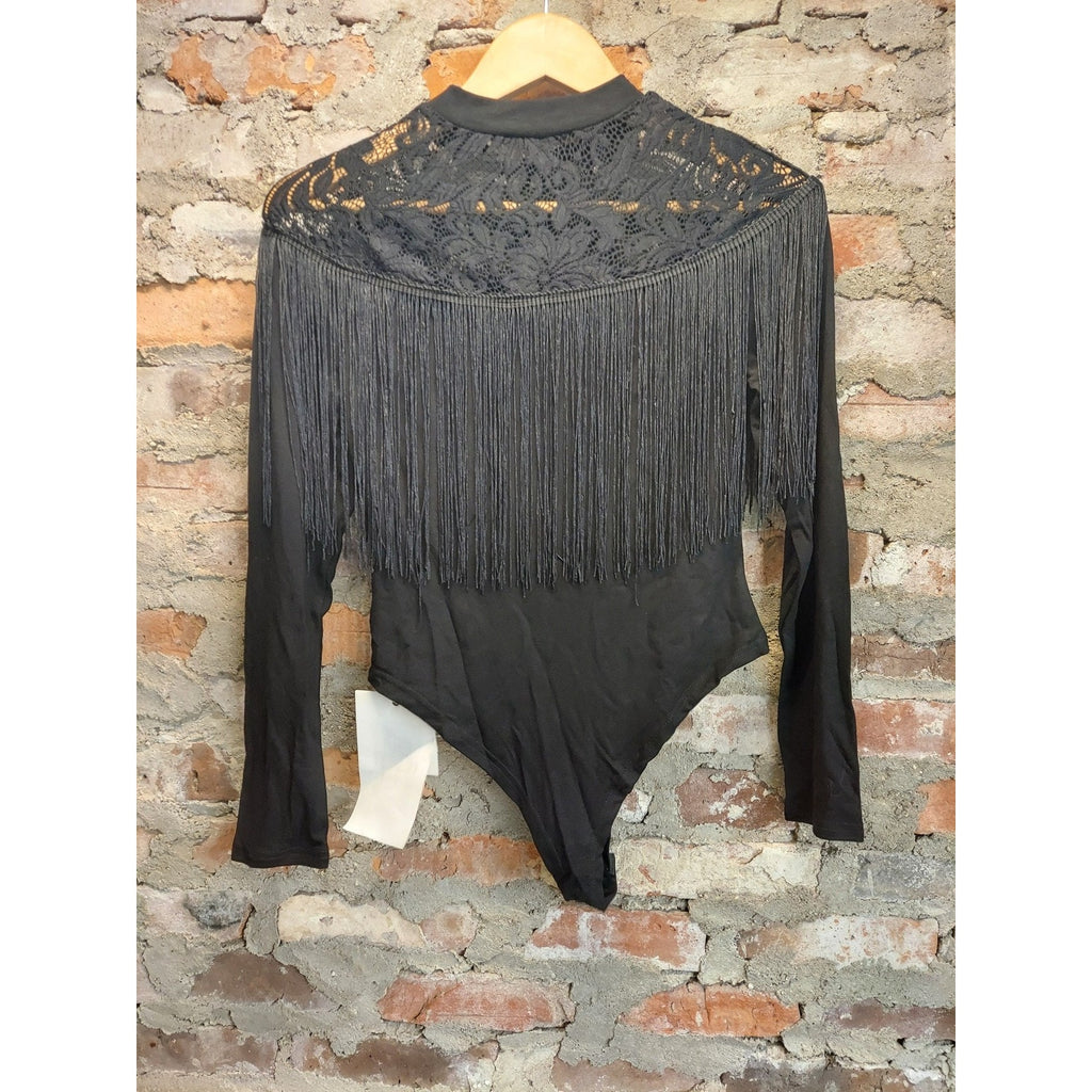 Womens Bodysuit Black Fringe Lace Mock Neck M Long Sleeve Western