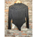 Womens Bodysuit Black Fringe Lace Mock Neck M Long Sleeve Western