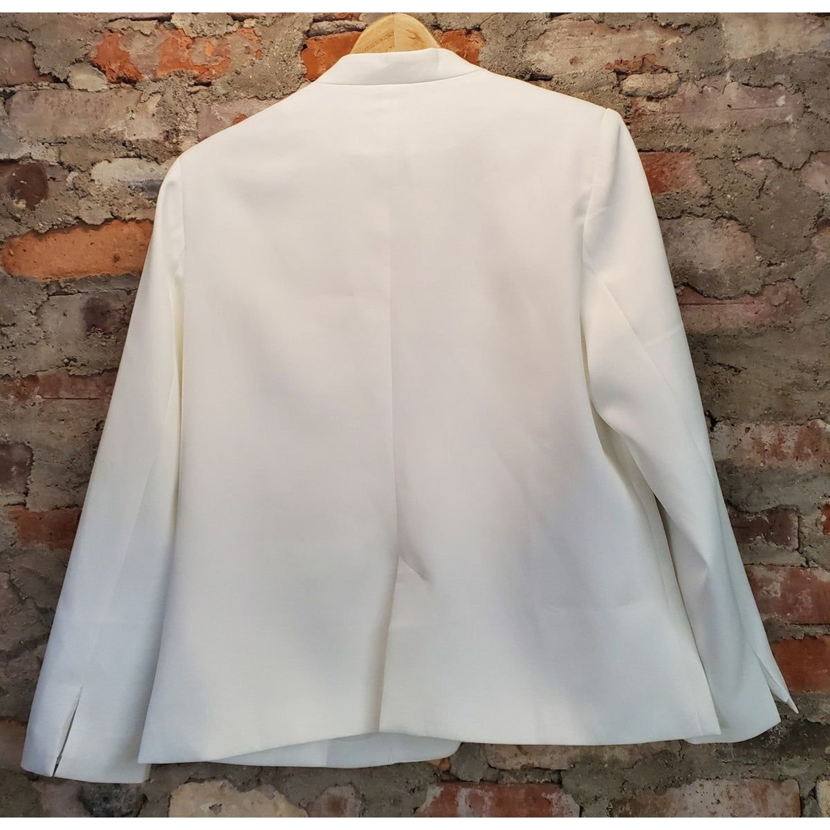 Womens White Blazer L Single Button Band Collar Flap Pockets Jacket