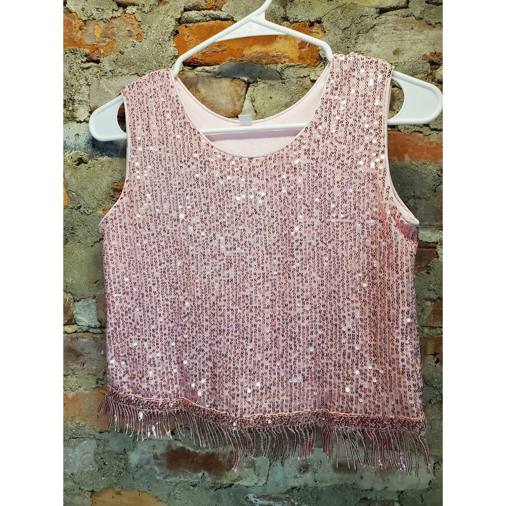 Girls Youth Pink Sequins Fringe Crop Top 11-12 Sleeveless Party Dance