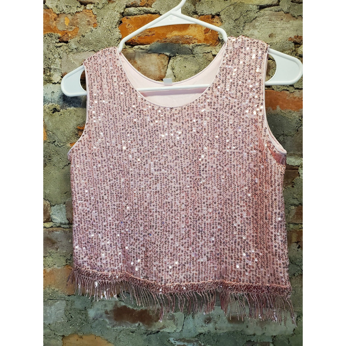 Girls Youth Pink Sequins Fringe Crop Top 11-12 Sleeveless Party Dance