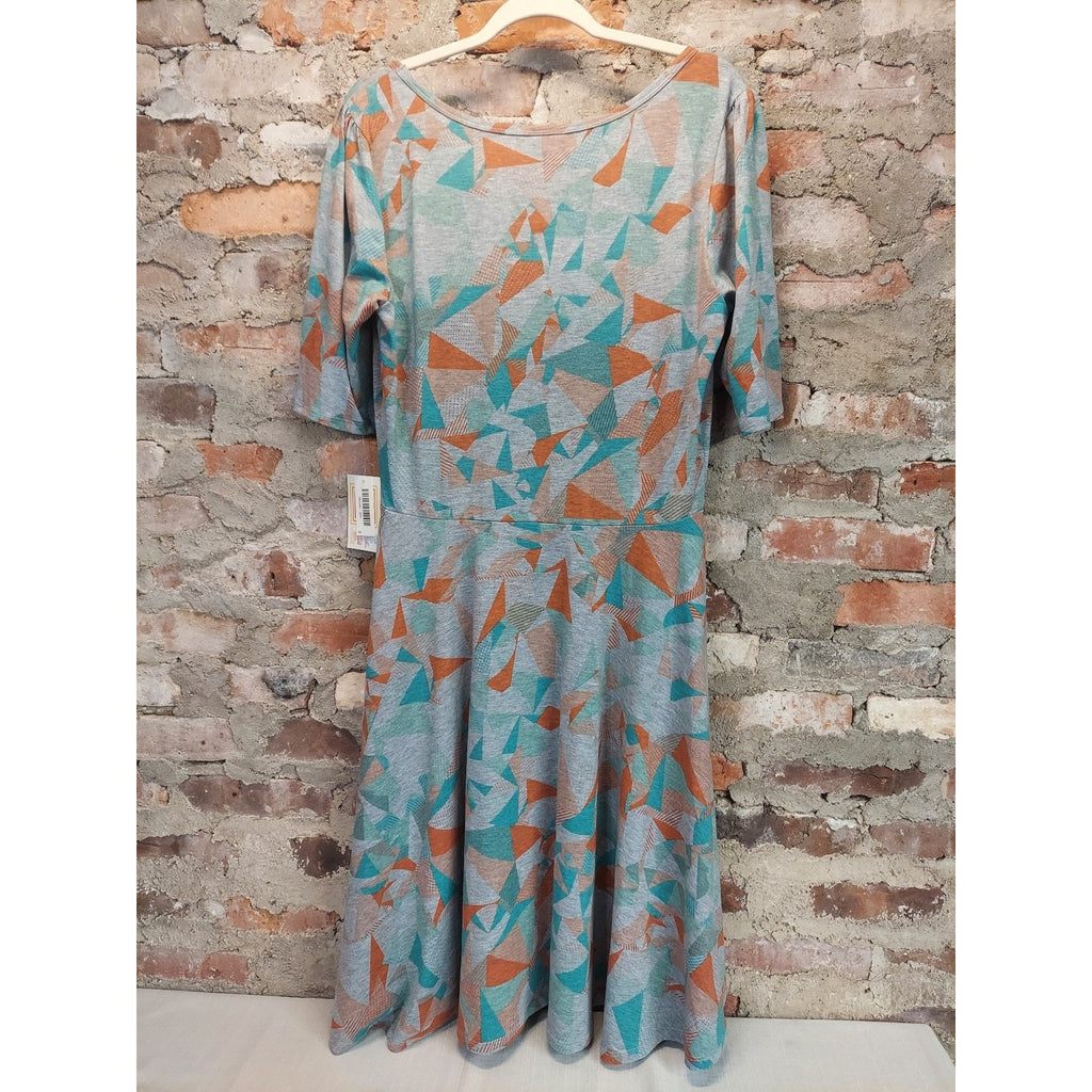 LuLaRoe Womens 2XL Dress Gray Orange Teal Geometric NWT A Line Short Sleeve