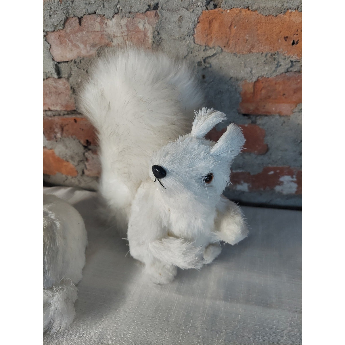 White Fox Squirrel Faux Fur Animal Figures Lot 3 Winter Holiday Decor Glitter
