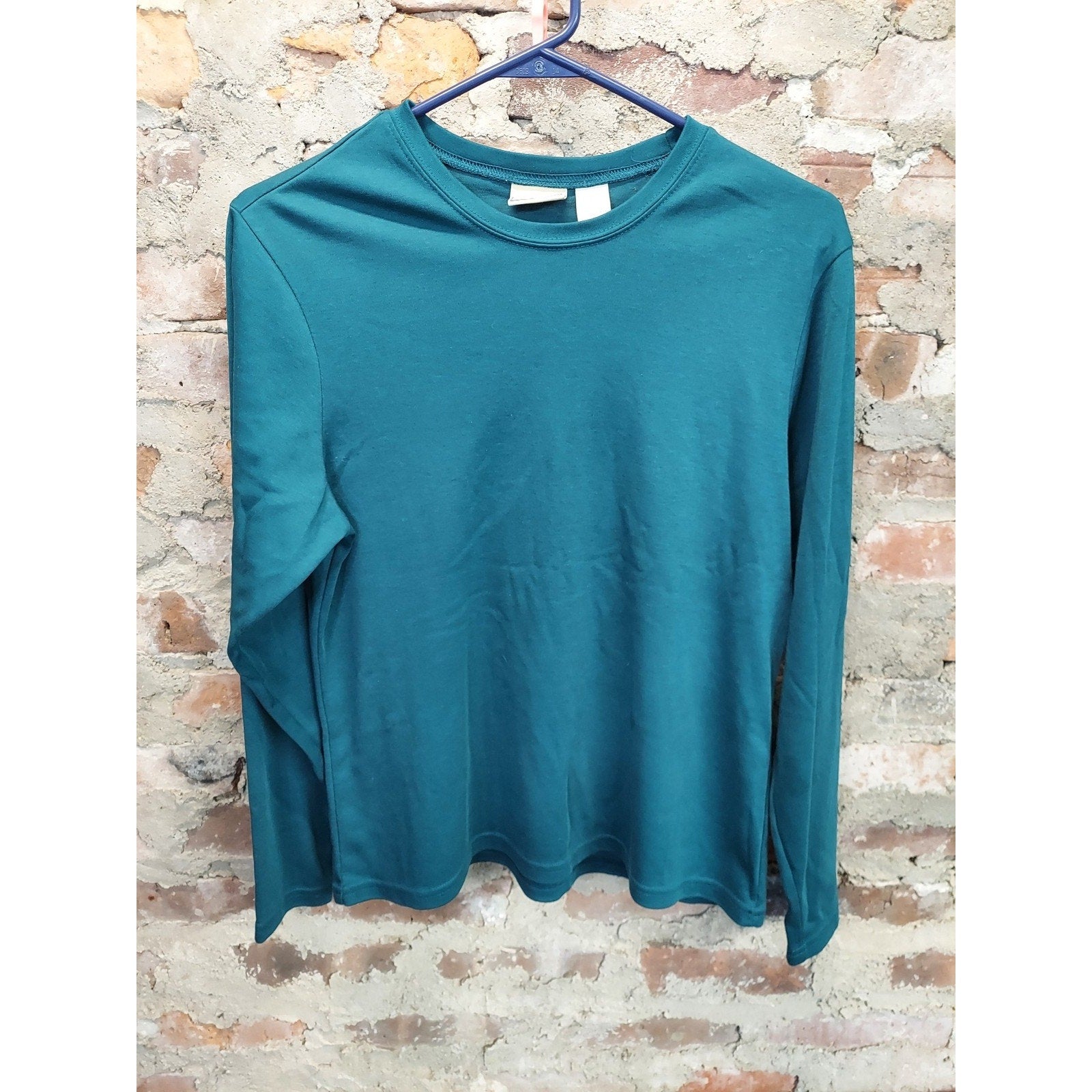 Womens Long Sleeve Top Large Teal Cotton Polyester Blend Casual Crew Neck