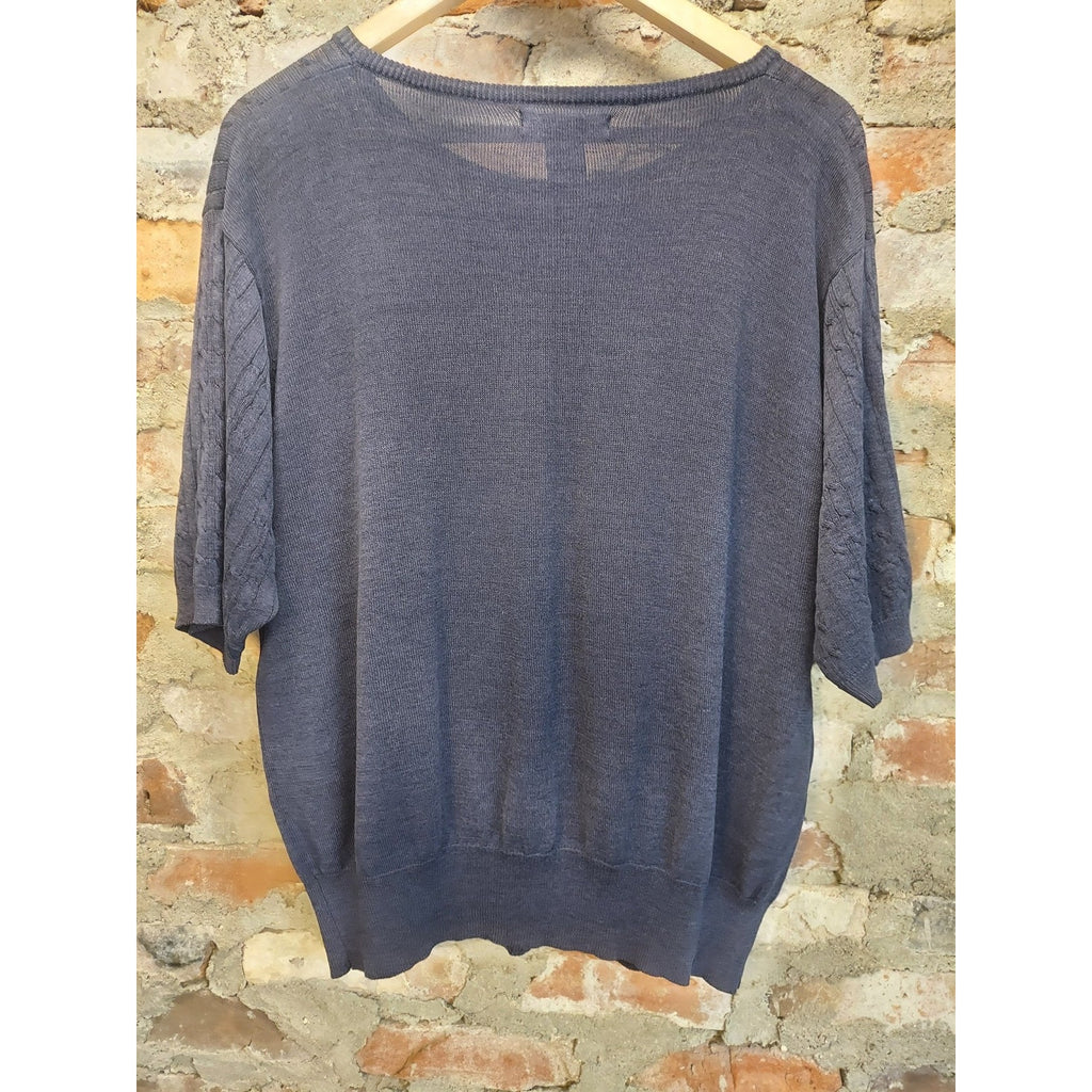 Yarnworks Pullover Sweater XL Navy Blue Cable Knit Short Sleeve Cotton Blend