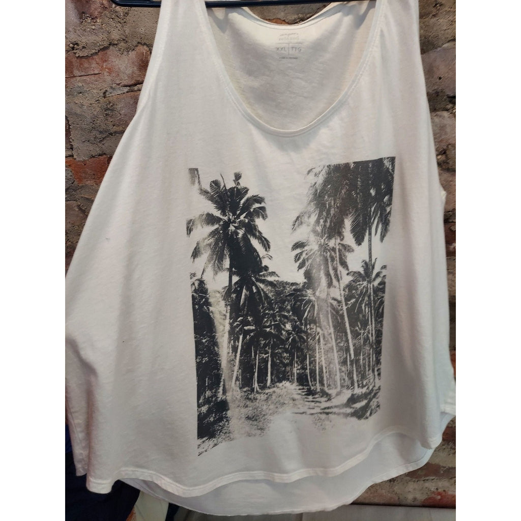 Old Navy Womens Tank Top XXL Relaxed Fit Palm Tree Graphic White Summer
