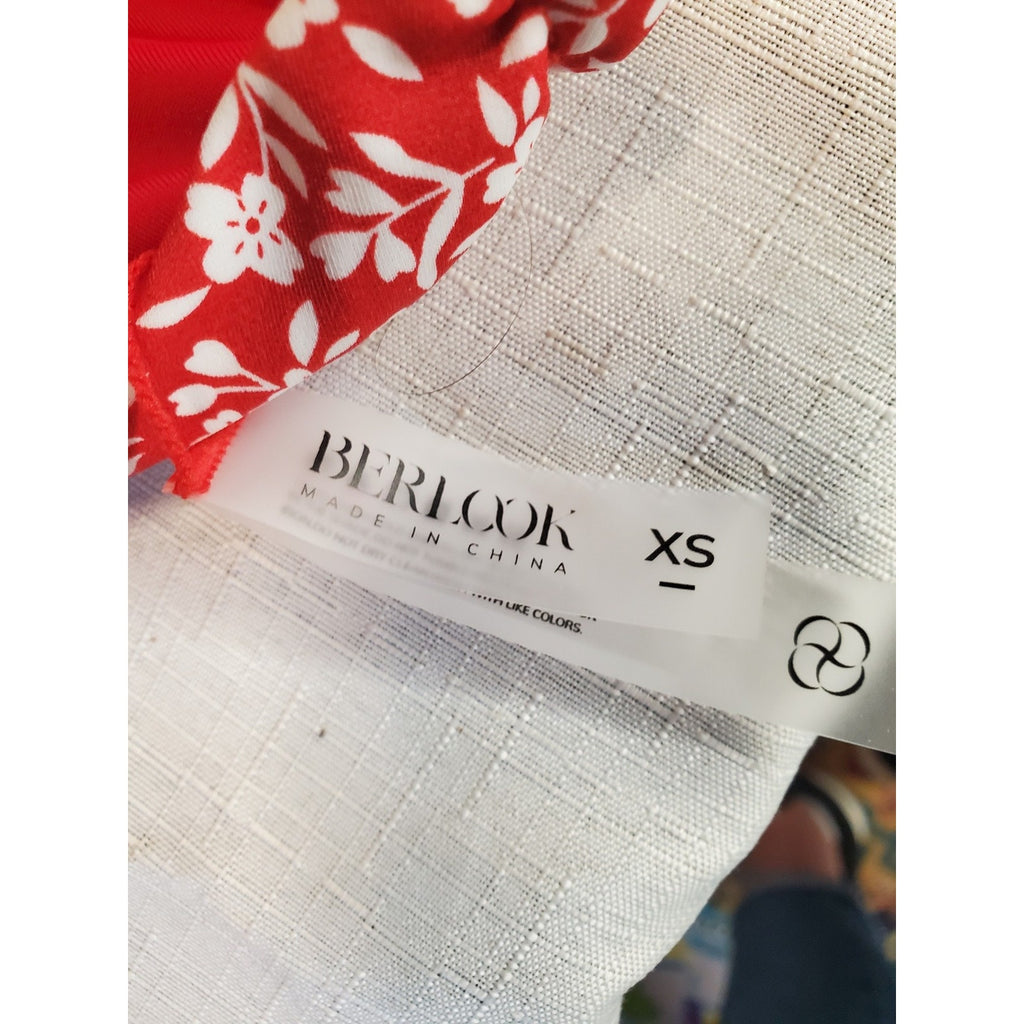 BERLOOK Womens Bikini Top XS Red White Floral Triangle Halter Tie Swim
