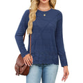 Womens M Sweater Navy Blue Fuzzy Lace Trim Scalloped Hem Long Sleeve Crew Neck