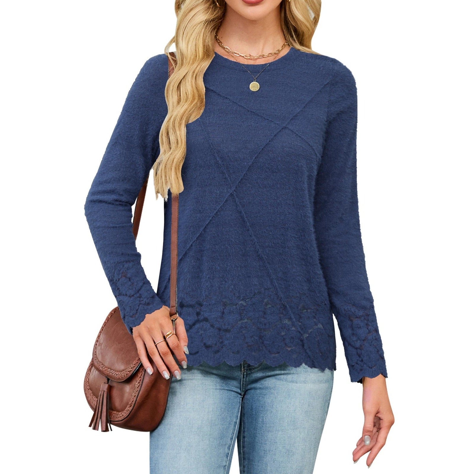 Womens M Sweater Navy Blue Fuzzy Lace Trim Scalloped Hem Long Sleeve Crew Neck