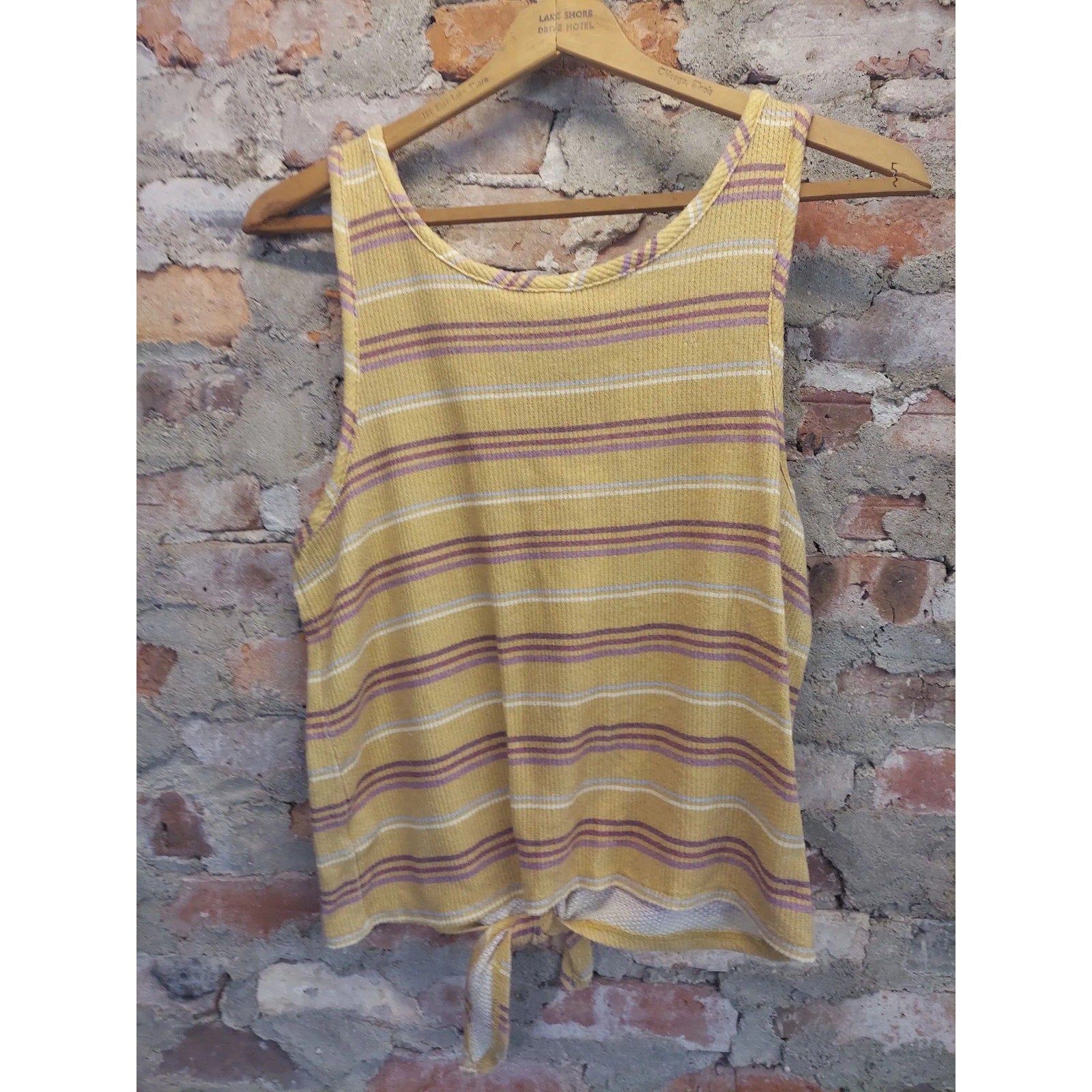 Mudd Womens Tank Top XXL Yellow Striped Button Front Tie Front Waffle Knit