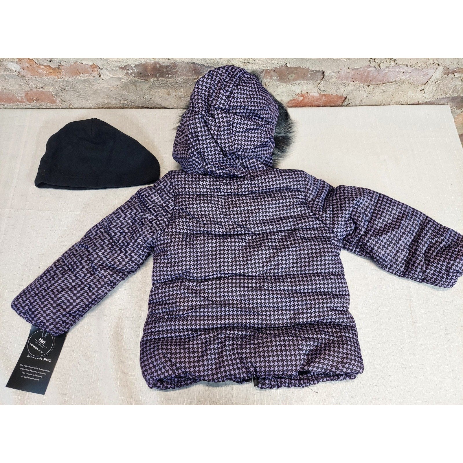 London Fog Baby Girls 3T Puffer Jacket Faux Fur Hood Purple Houndstooth NWT Hat