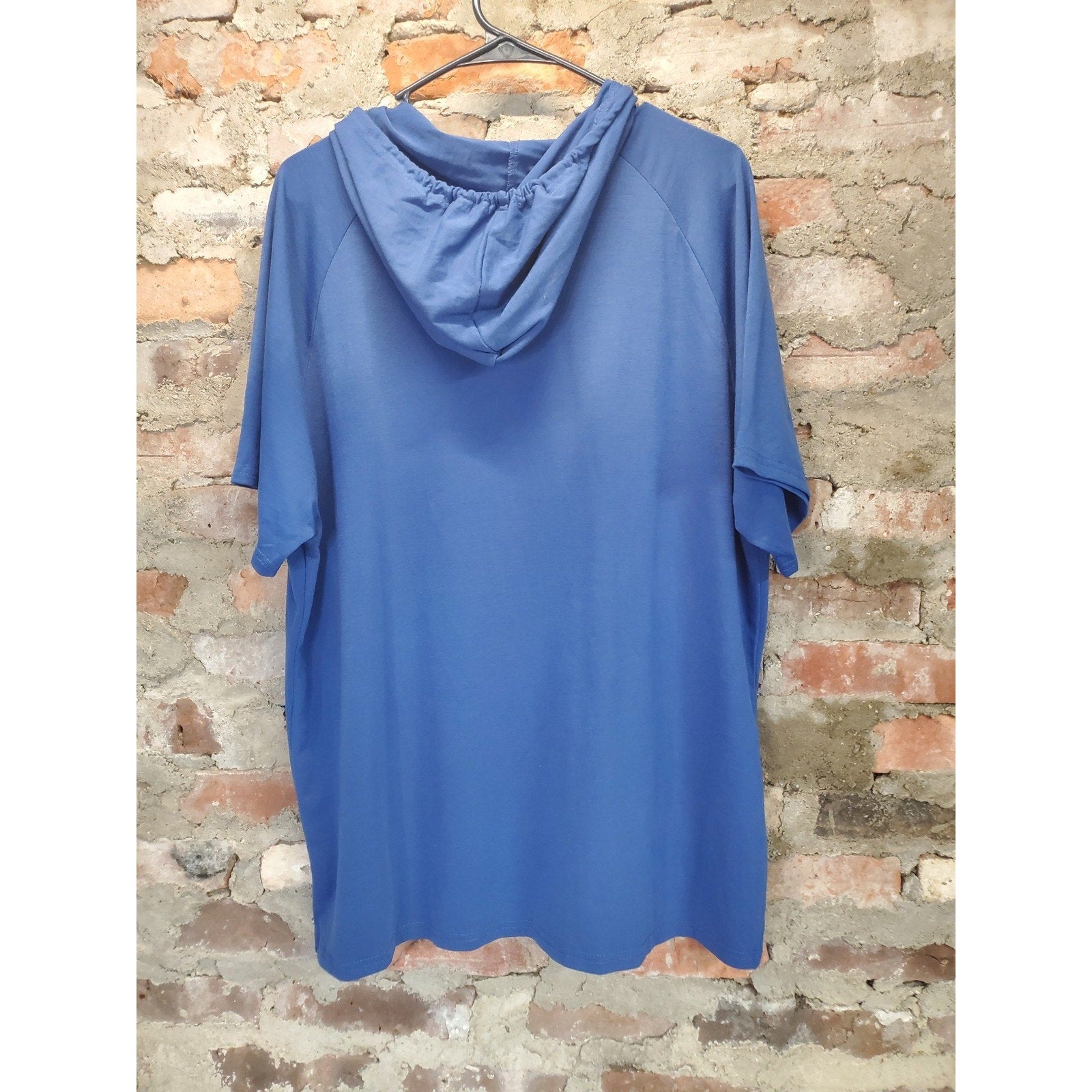 Mens Hooded T Shirt Short Sleeve XXL Blue Loose Fit Raglan Pullover