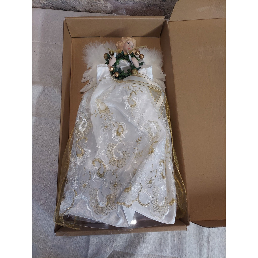 Christmas Tree Topper Angel White Gold Feather Wings Porcelain Head 15 Inch