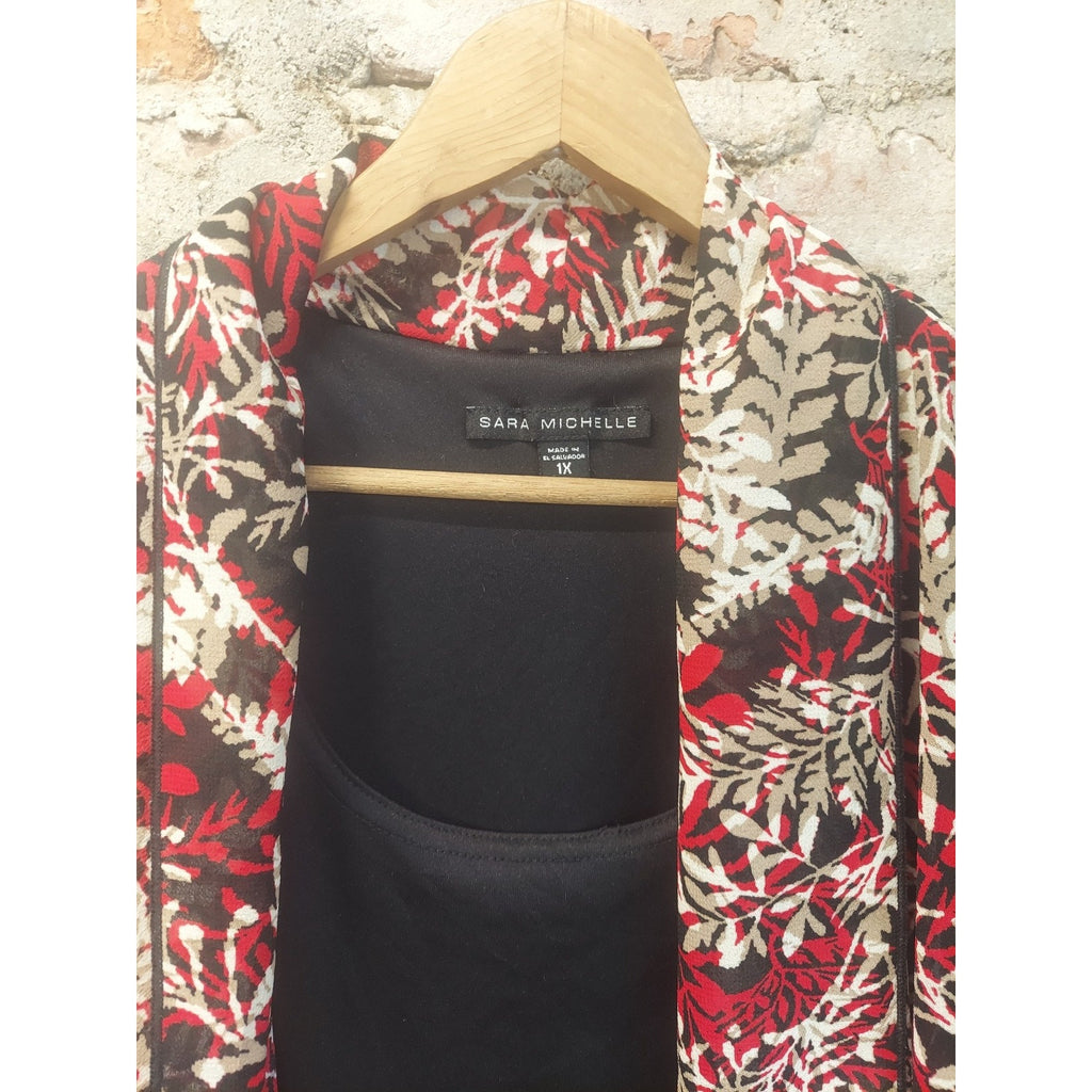 Sara Michelle Womens Layered Shrug Top 1X Red Black Tan Floral Leaf