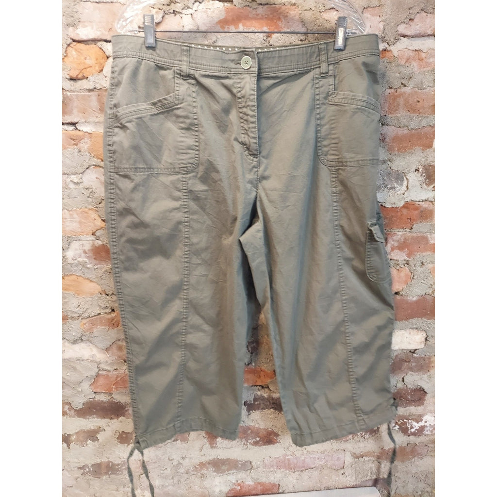 Karen Scott Womens Capri Pants 18 Olive Green Cargo Cotton Drawstring Hem
