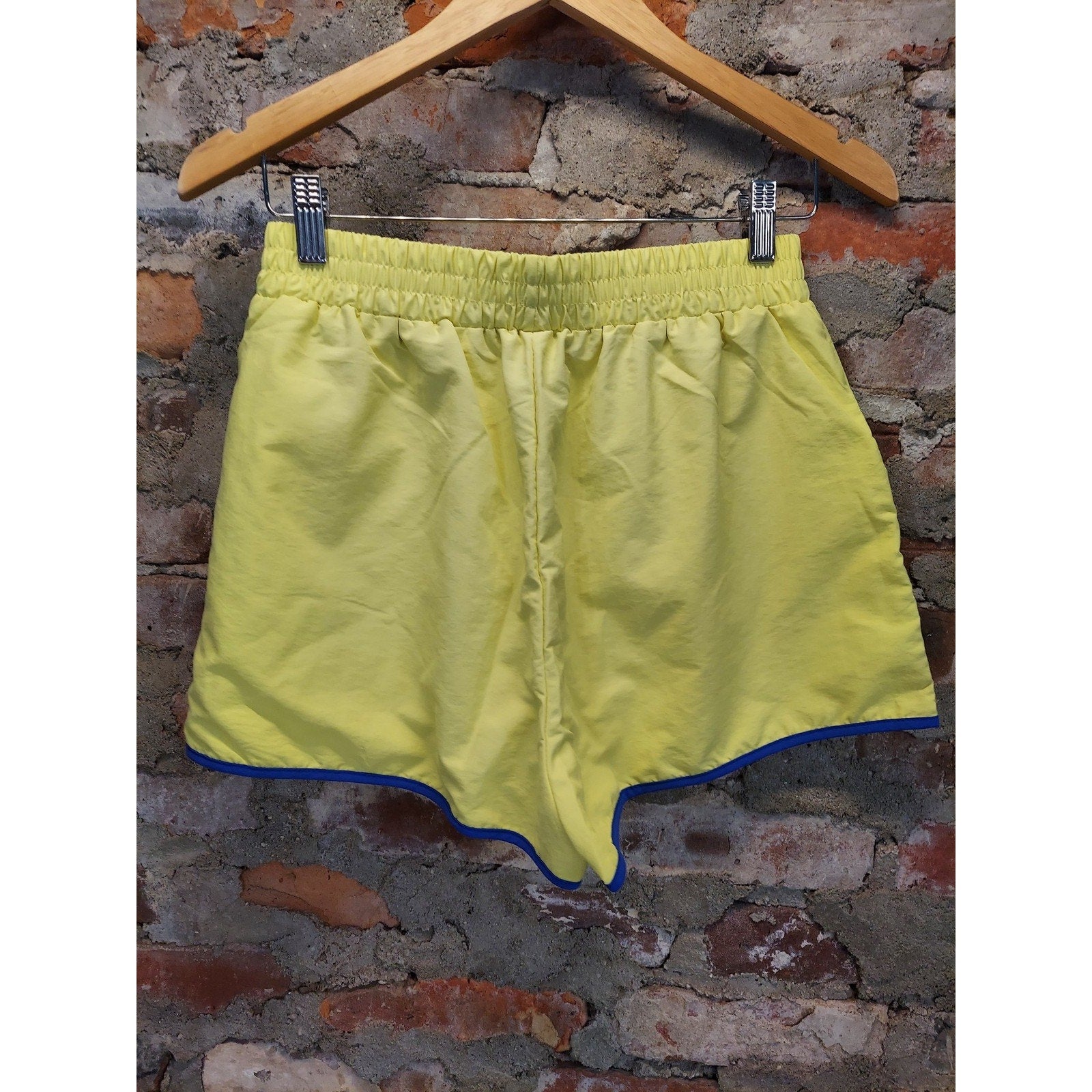 Womens S Yellow Blue Two Piece Set Pullover Long Sleeve Top Shorts Neon 80s
