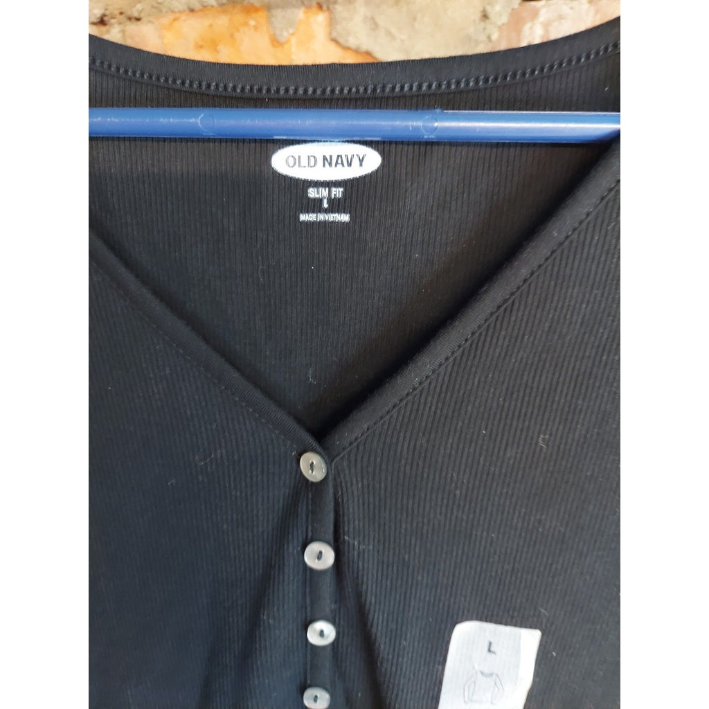 Old Navy Womens Henley Shirt Slim Fit Ribbed V Neck Long Sleeve L Black