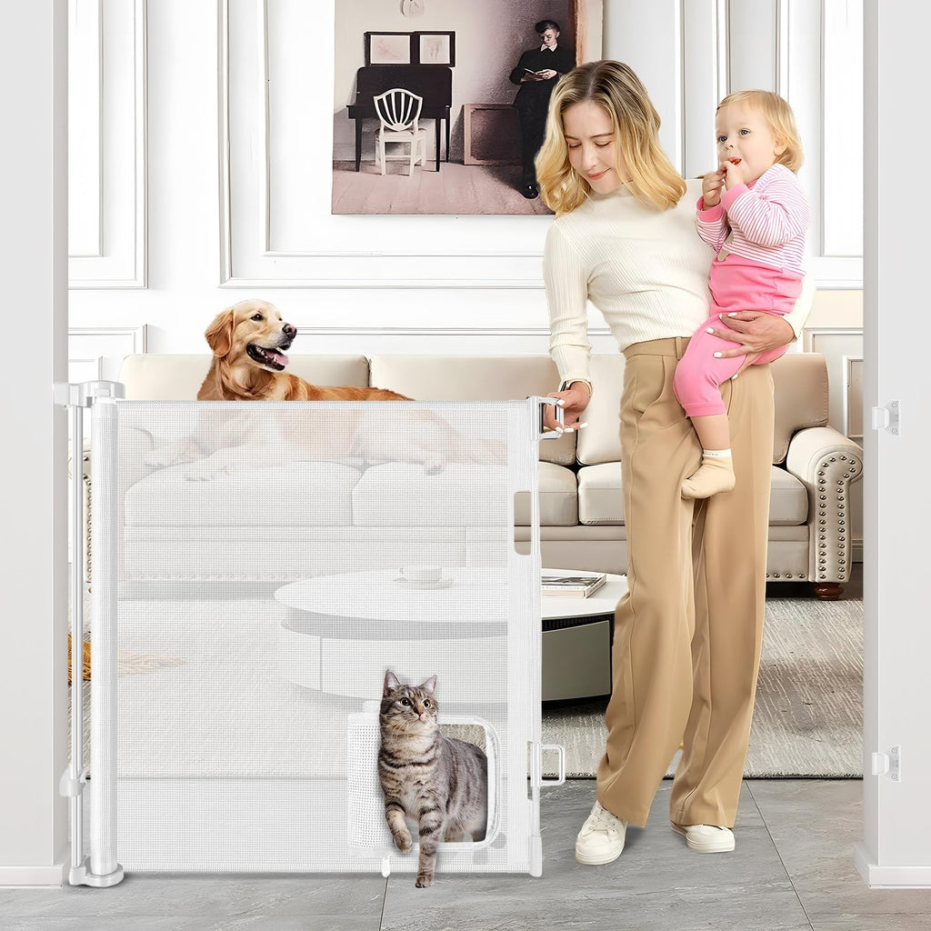 Retractable Baby Pet Gate Mesh Roll Up Safety Child Dog Cat Pet Door 87cm White