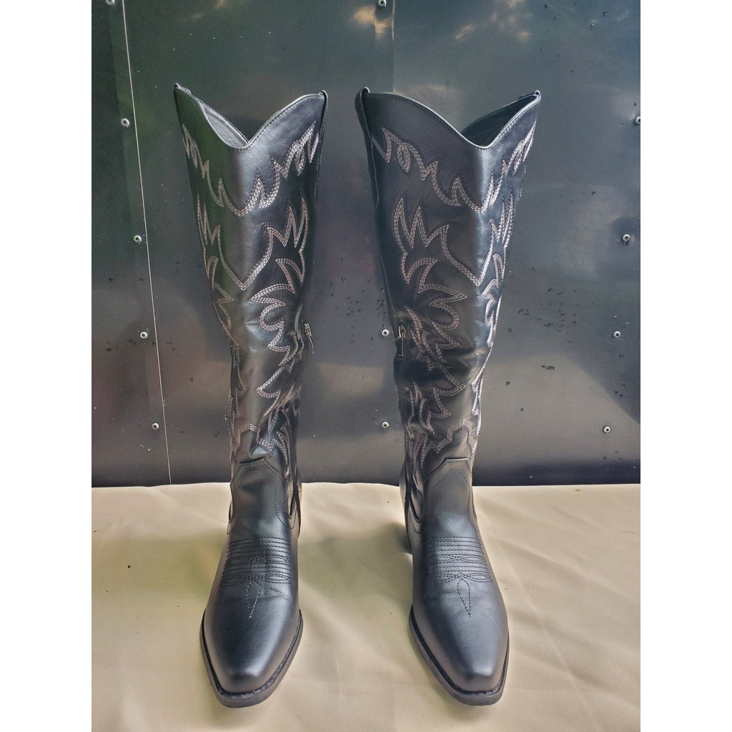 TLV Womens Cowboy Western Boots Size 7 Black Knee High Embroidered Pointed Toe