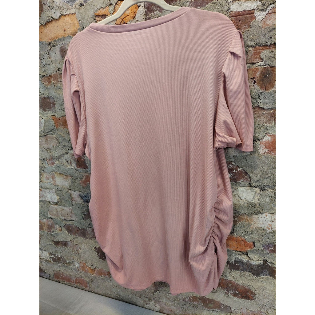 Womens Maternity T-Shirt Dress XXL Dark Pink Ruched Bodycon Puff Sleeve Ribbed