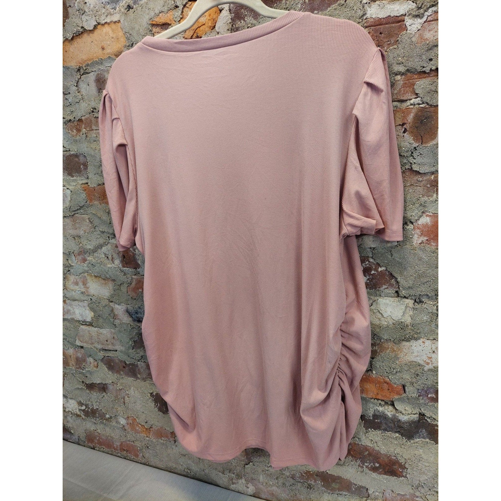 Womens Maternity T-Shirt Dress XXL Dark Pink Ruched Bodycon Puff Sleeve Ribbed