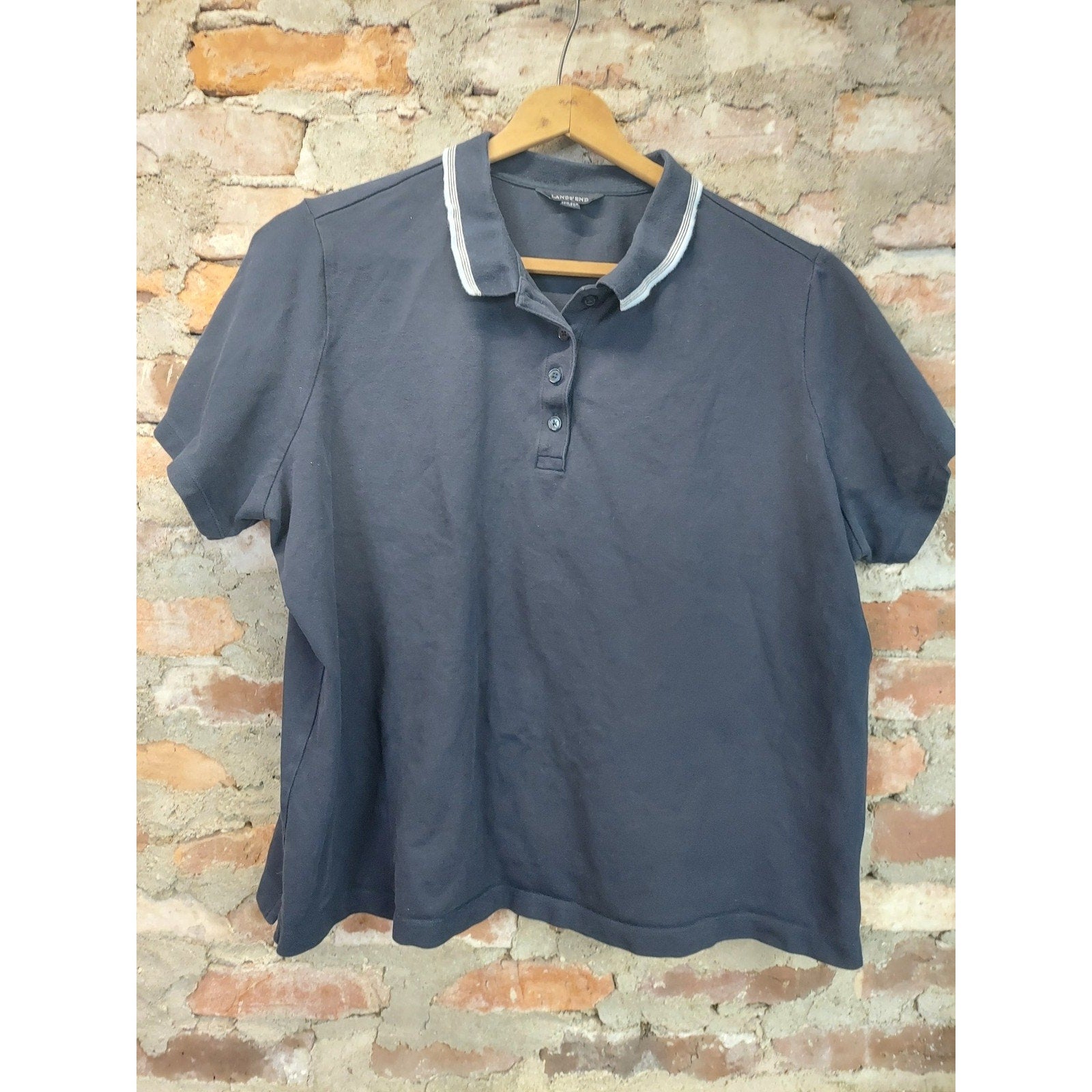 Lands End Womens Polo Shirt 20W 22W Navy Blue Short Sleeve Striped Collar