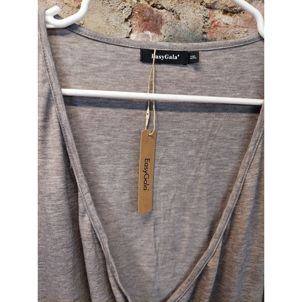 EasyGala Womens Tank Top 2XL Gray V Neck Wrap Ruched Button Sleeveless NWT