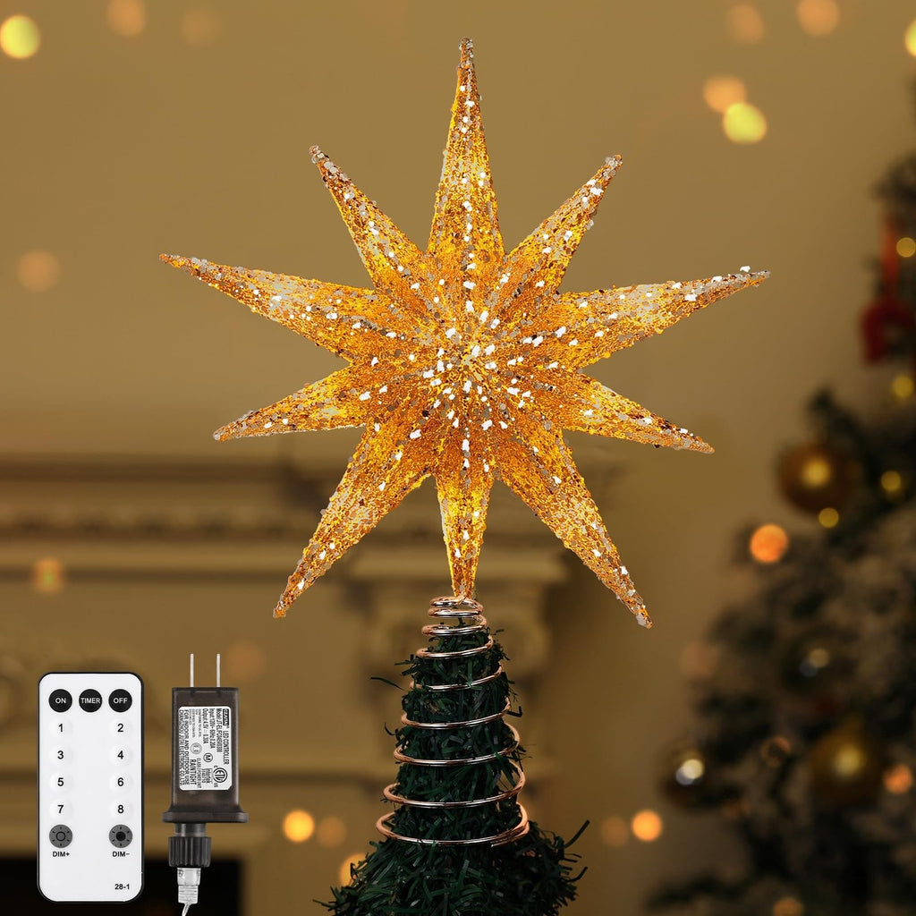 Lewondr Christmas Tree Topper Star 11 LED 10-Pointed Glitter Remote Timer