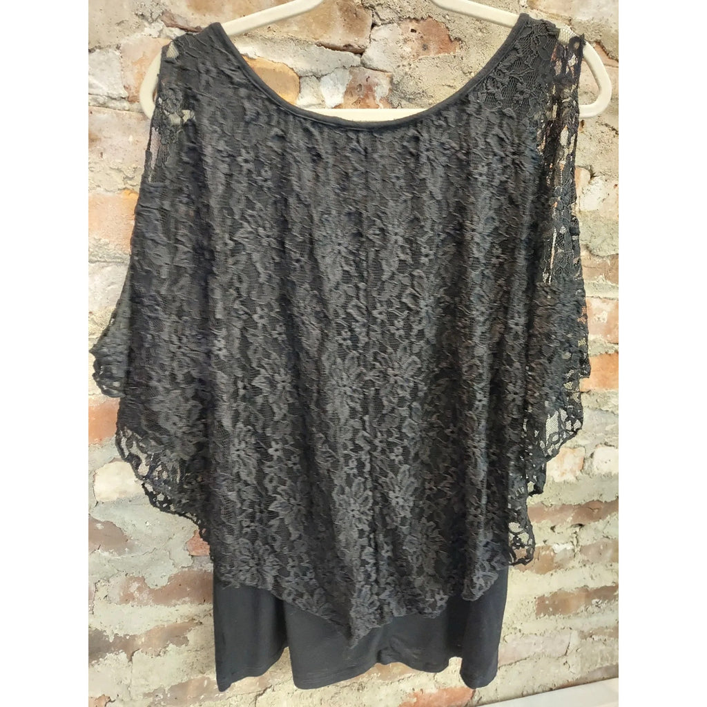 Love J Womens Cold Shoulder Top Size 2X Plus Black Lace Overlay Blouse