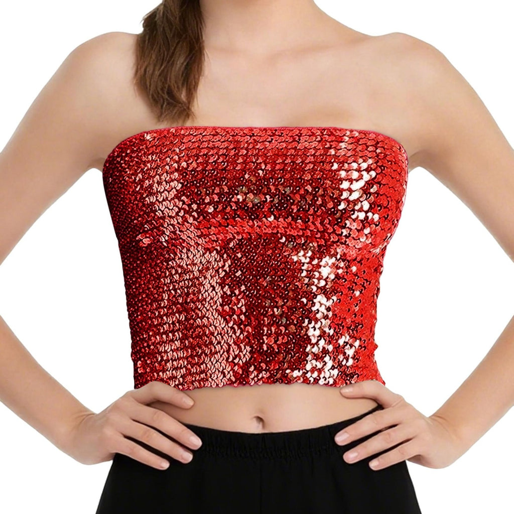 Womens Red Sequin Tube Crop Top Strapless Sparkly L XL Party Dance Clubwear
