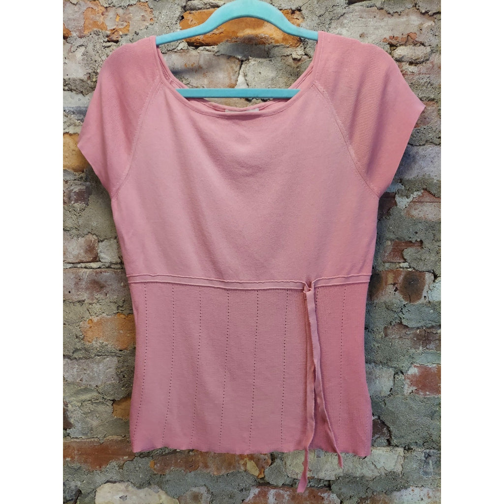 Dressbarn Womens Knit Top M Pink Short Sleeve Scoop Neck Tie Waist Ribbed