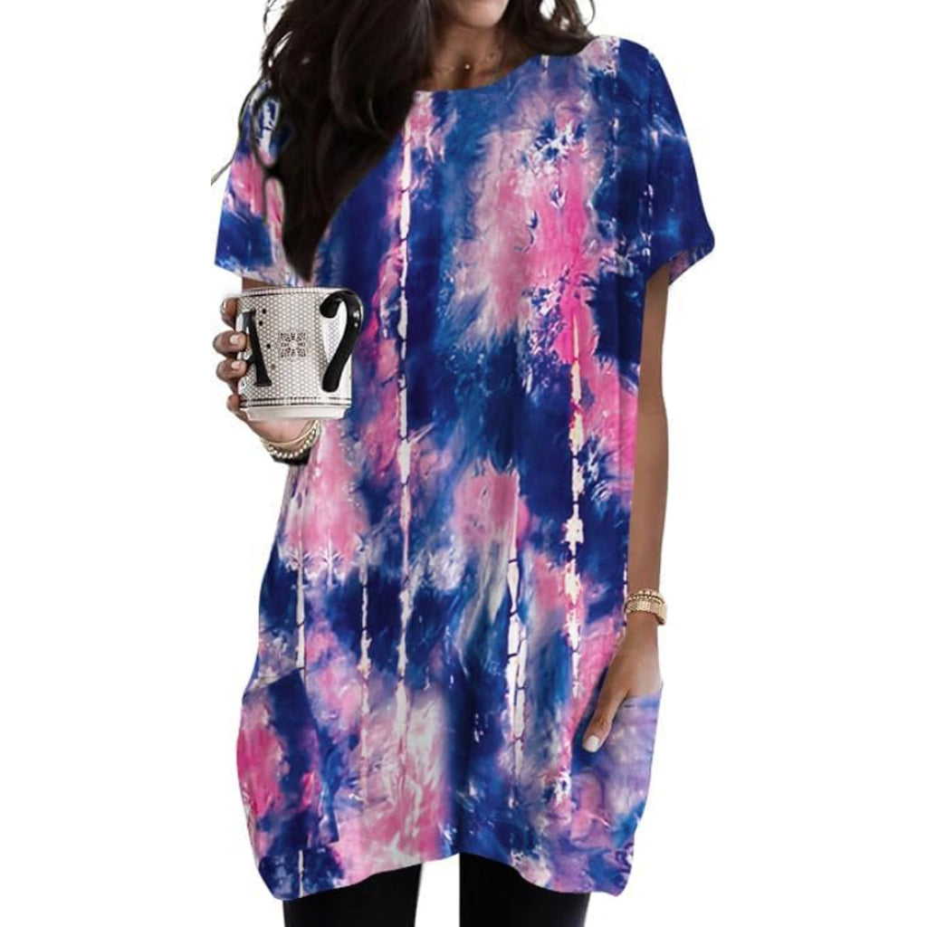 New Womens Tunic Tie Dye Top w Pockets Short Sleeve T Shirt Sz L Pink Purple Blu