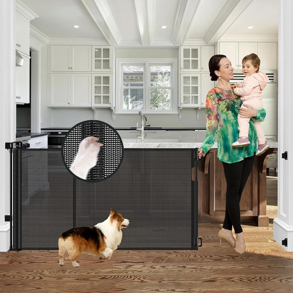 Baby Pet Gate 60" Wide Retractable Mesh Safety Barrier Black Indoor Dog Toddler