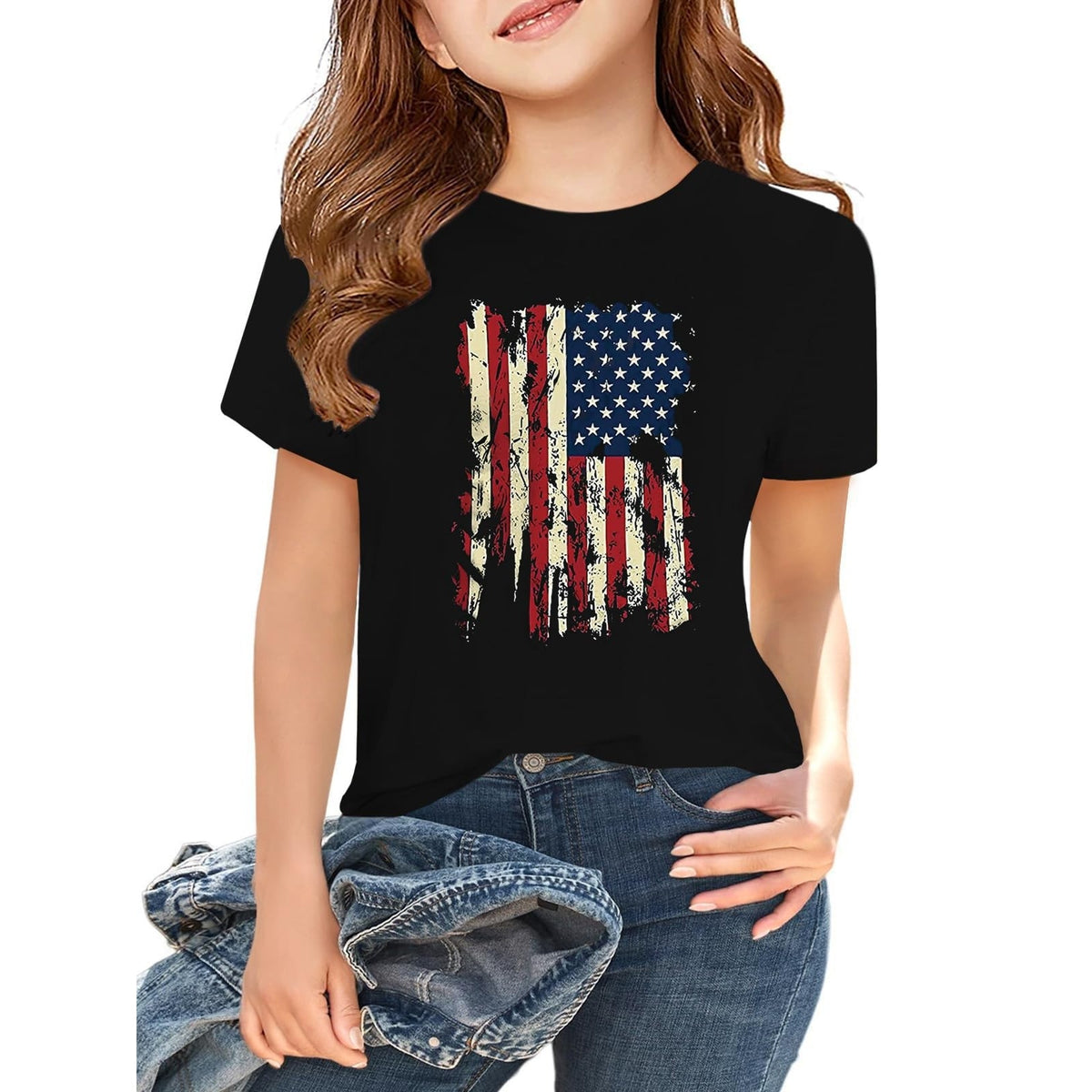 Girls Sz 6 American Flag T Shirt Distressed Patriotic US Black Short Sleeve