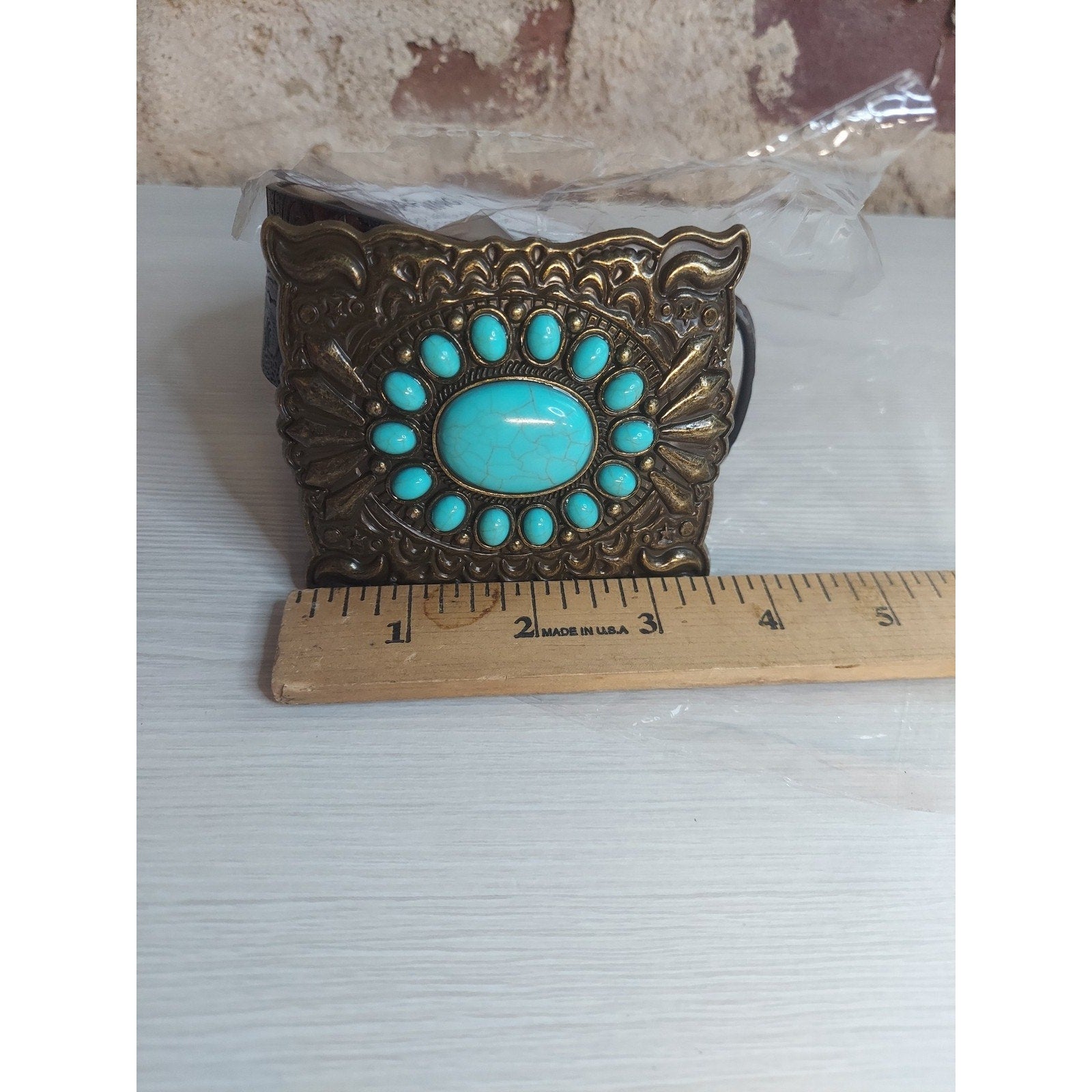 Western Turquoise Belt Large Buckle 37" Tooled Boho Cowgirl Antique Gold Tone