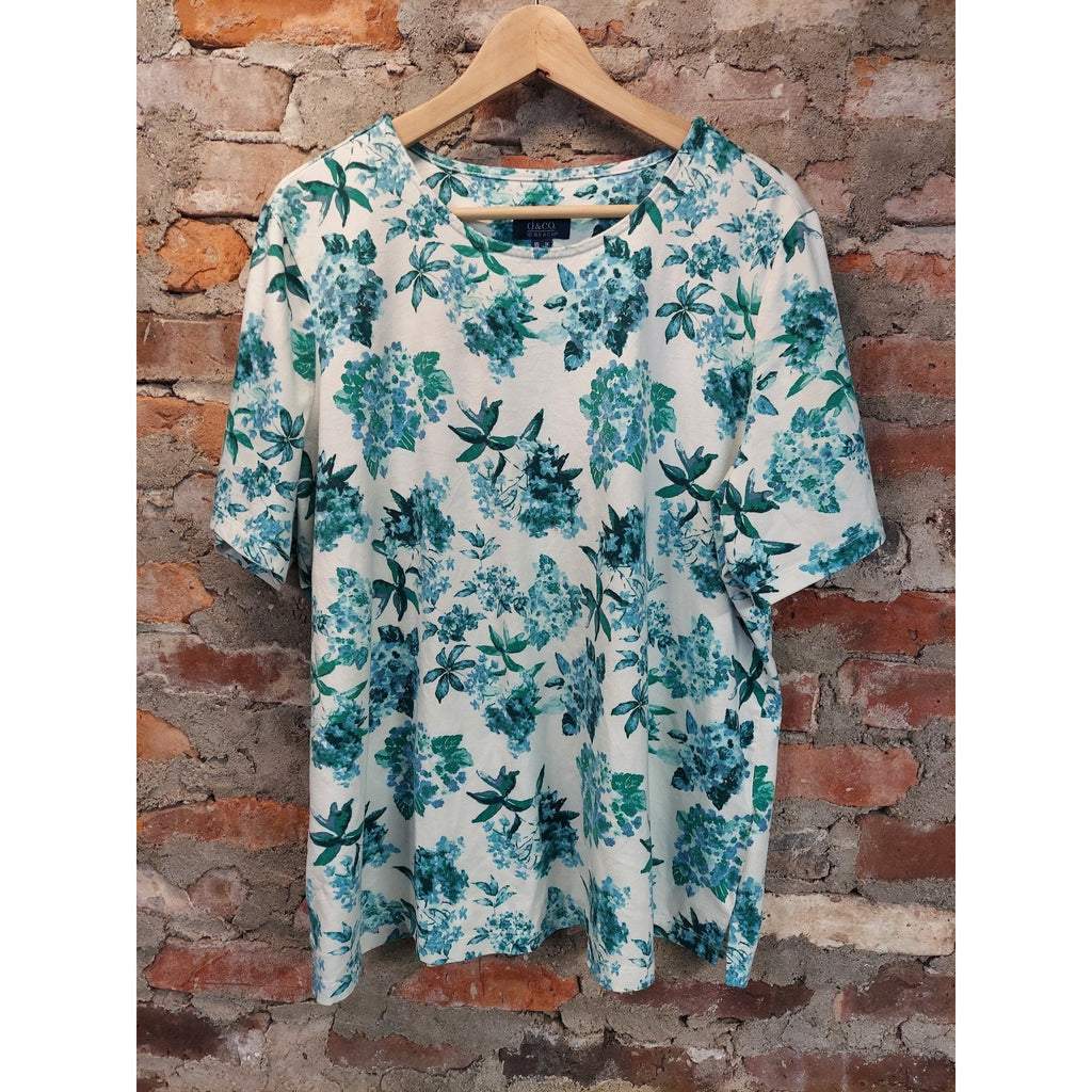 d&co. Womens Plus Size 1X White Blue Green Floral Short Sleeve Crew Neck T Shirt