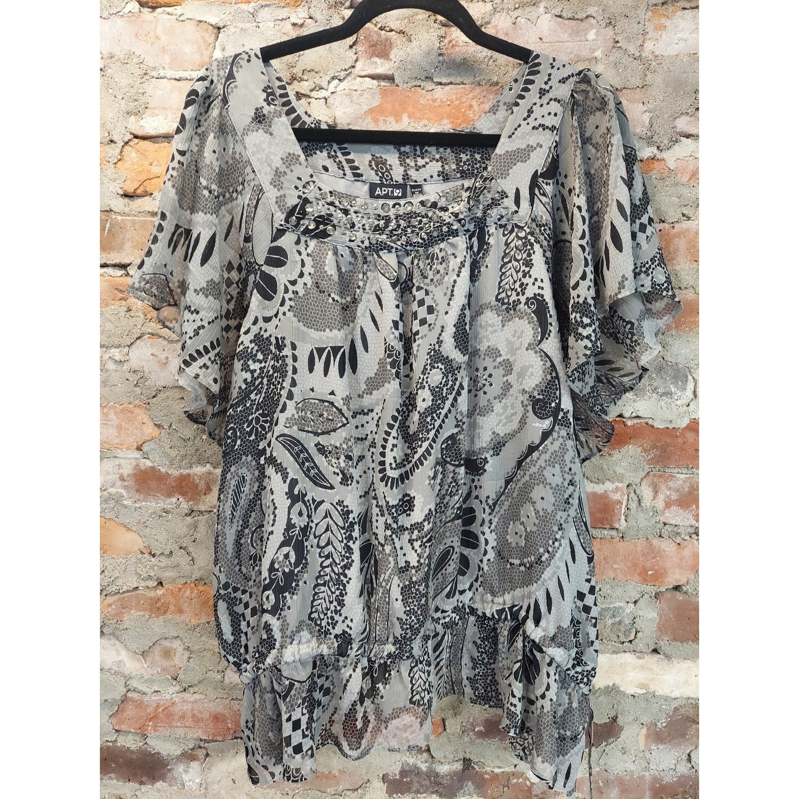 APT. 9 Womens Blouse 1X Paisley Print Black Gray White Sheer