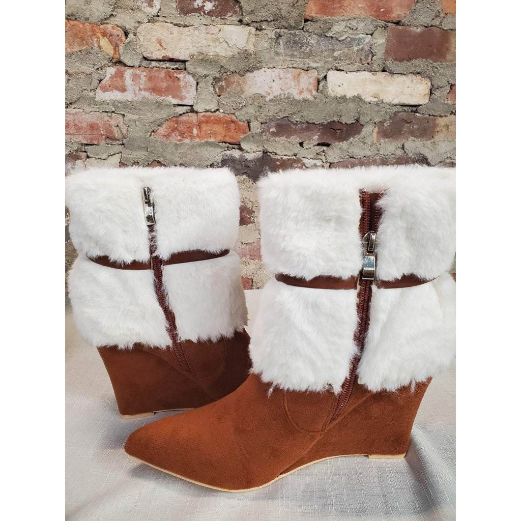 NEWBELLA Womens Ankle Boots 7.5 Brown White Faux Fur Wedge Side Zip Pointed Toe