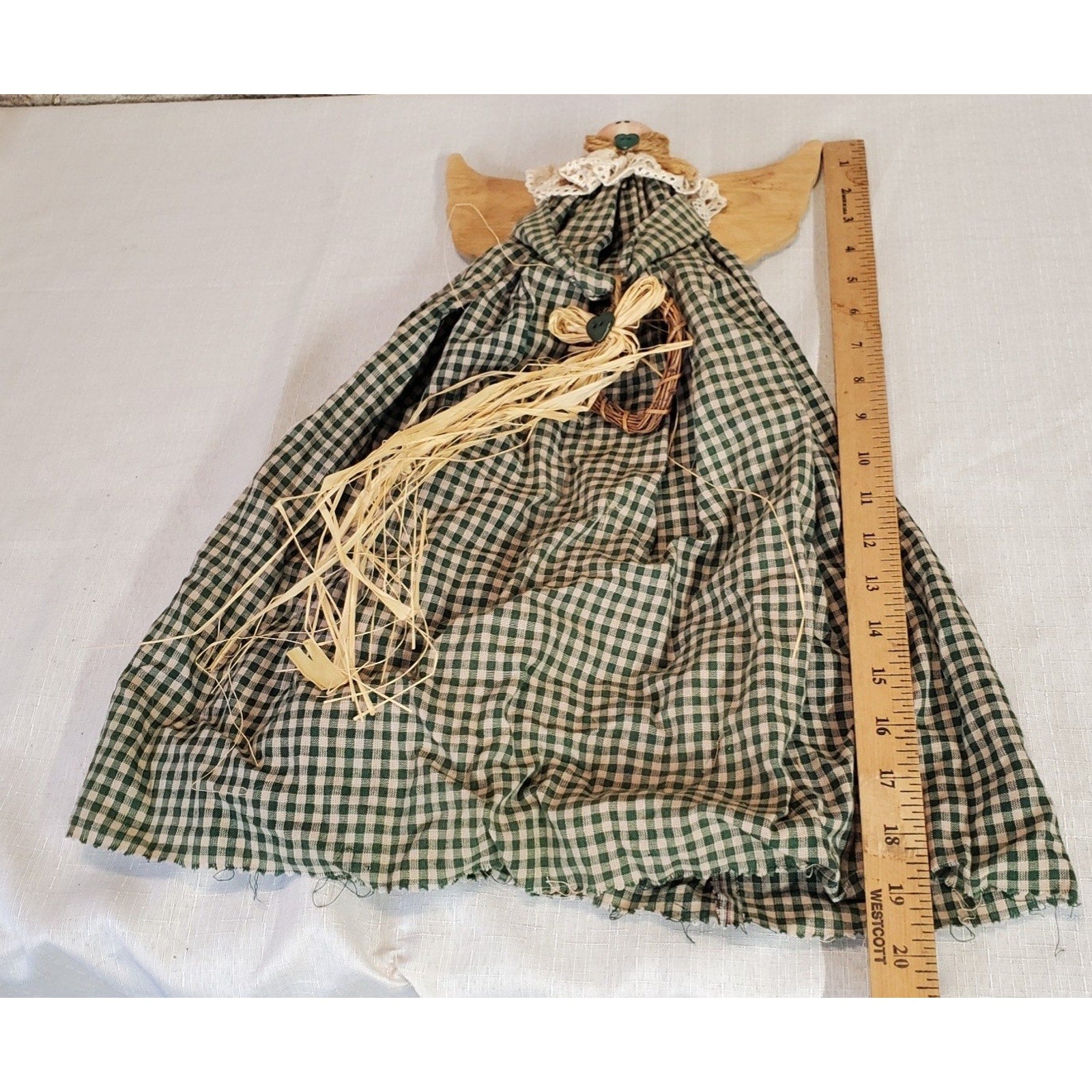 Angel Rustic Farmhouse Primitive Wall Decor Gingham Green Tan Wood Rag Doll