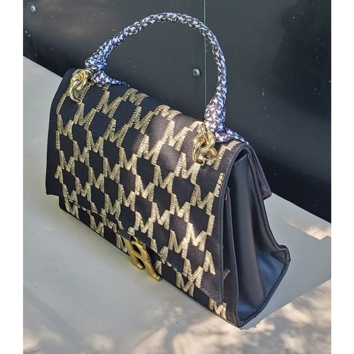 Womens Handbag Satchel Monogram Pattern R Hardware Navy Gold Scarf Detachable