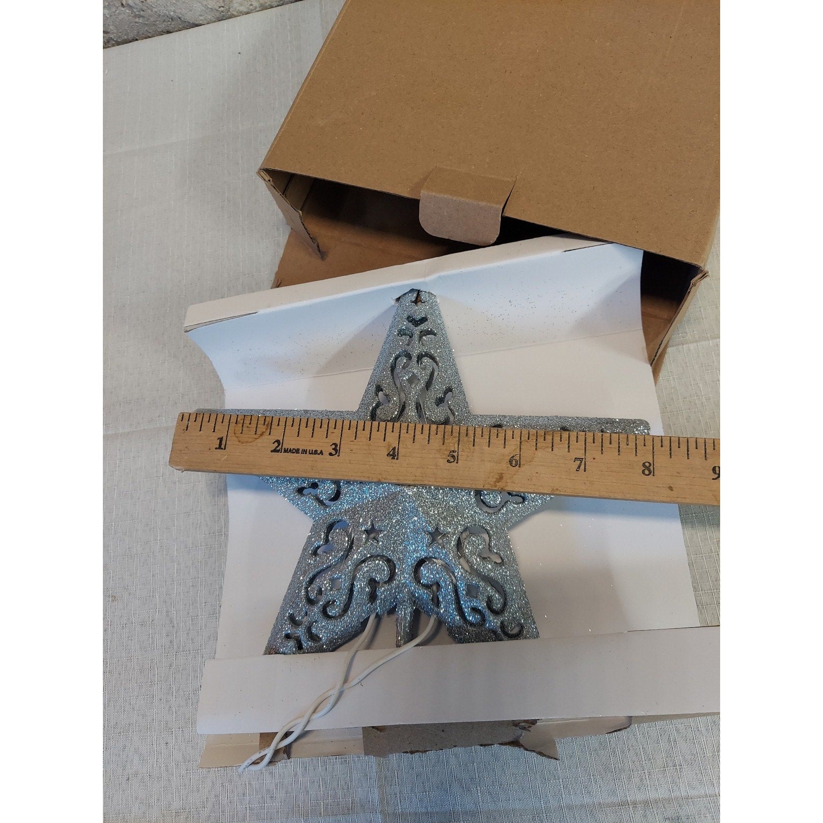 Christmas Tree Topper Lighted Star 8 Inch Silver Glitter Filigree Scroll Decor