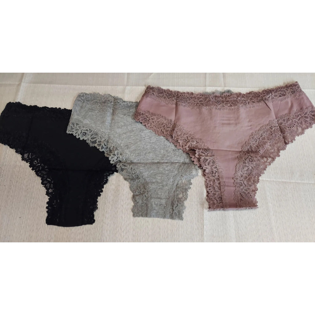 Womens Lot 3 Pack Panties Size L Cotton Lace Trim Bikini Underwear Multicolor