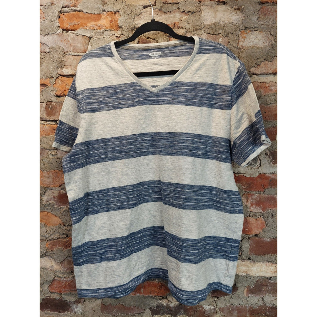 Old Navy Mens XXL V Neck T Shirt Blue Gray Striped Soft Washed Casual
