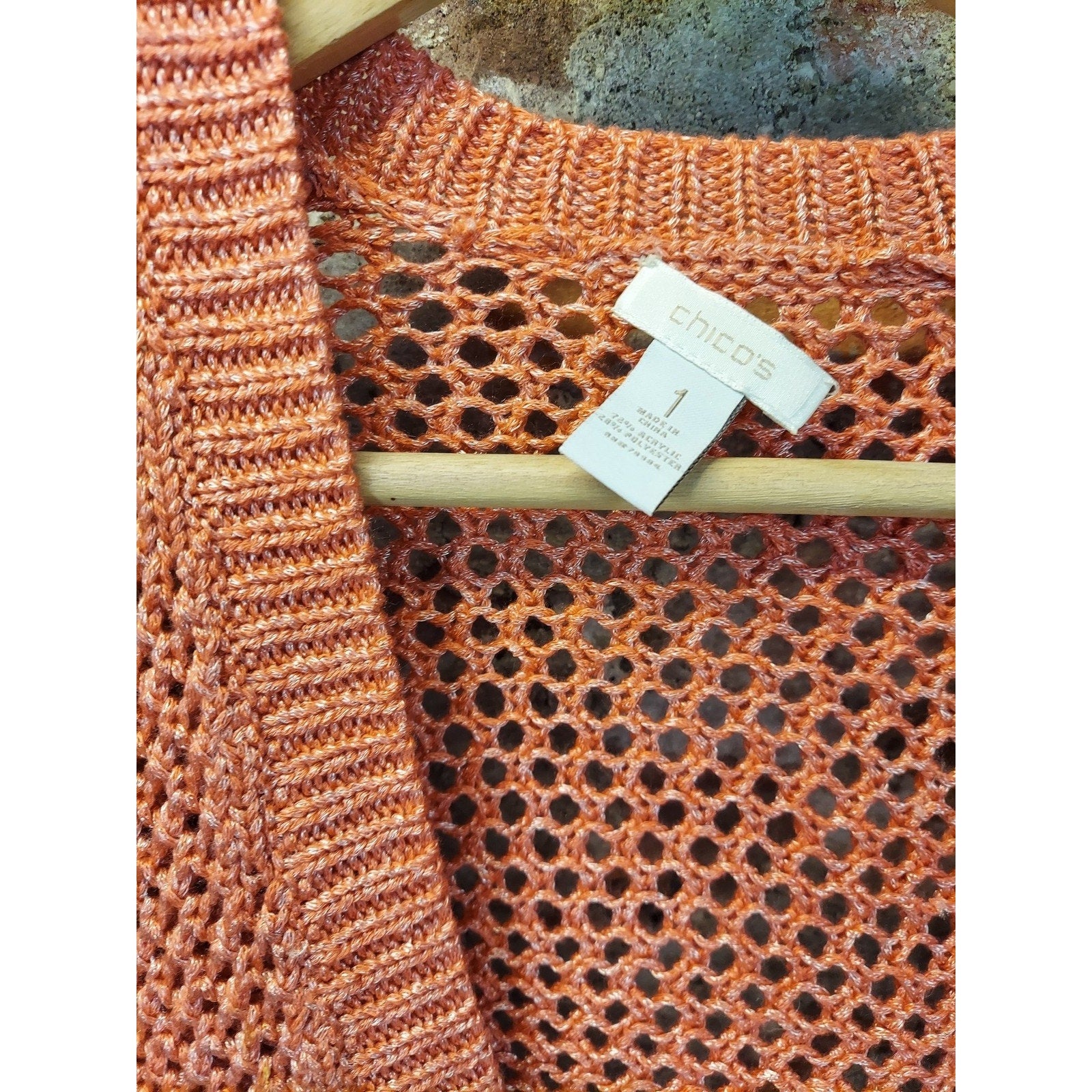 Chico's Womens Size 1 Coral Orange Open Knit Cropped Cardigan Shrug 3/4 Sleeve