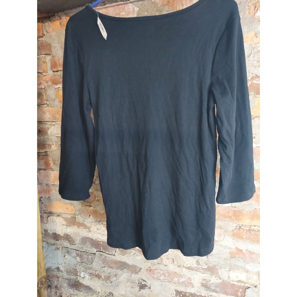 Old Navy Womens Henley Shirt Slim Fit Ribbed V Neck Long Sleeve L Black
