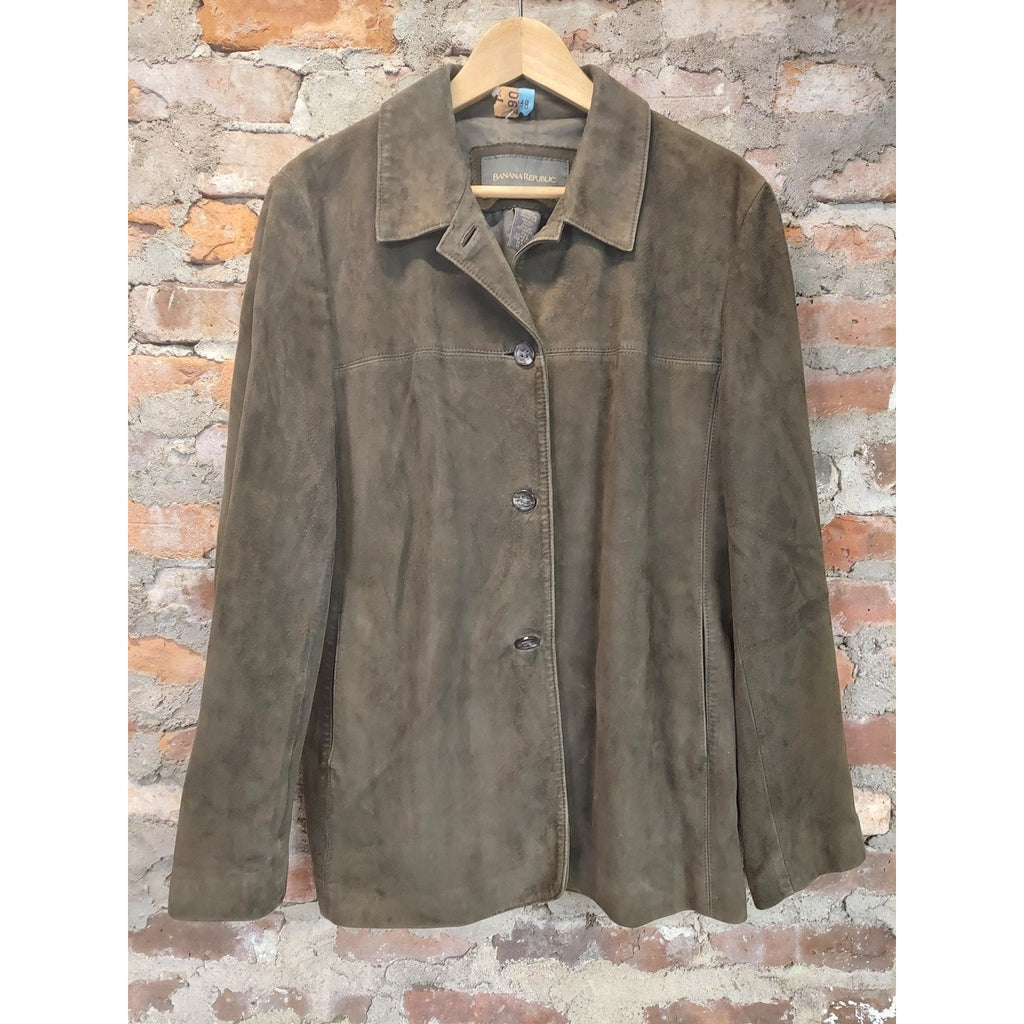 Banana Republic Suede Jacket L Olive Green Genuine Leather Button Front